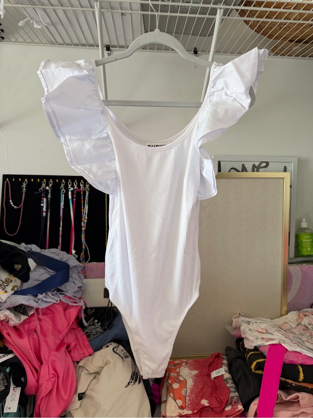 BUCKETLIST White Ribbed Ruffle-Sleeve Bodysuit